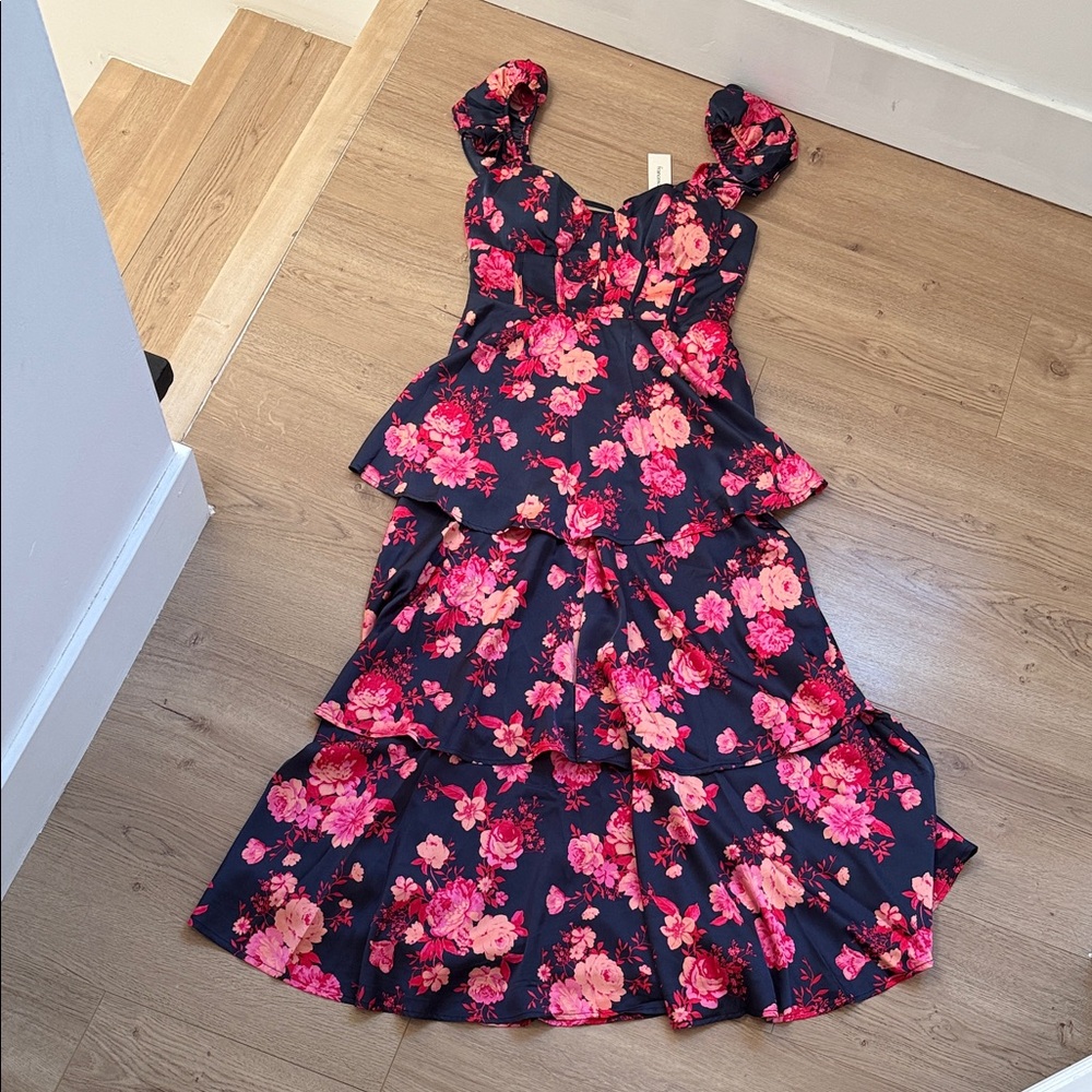 Francesca's Collections Floral Midi Dress in Pink and Black